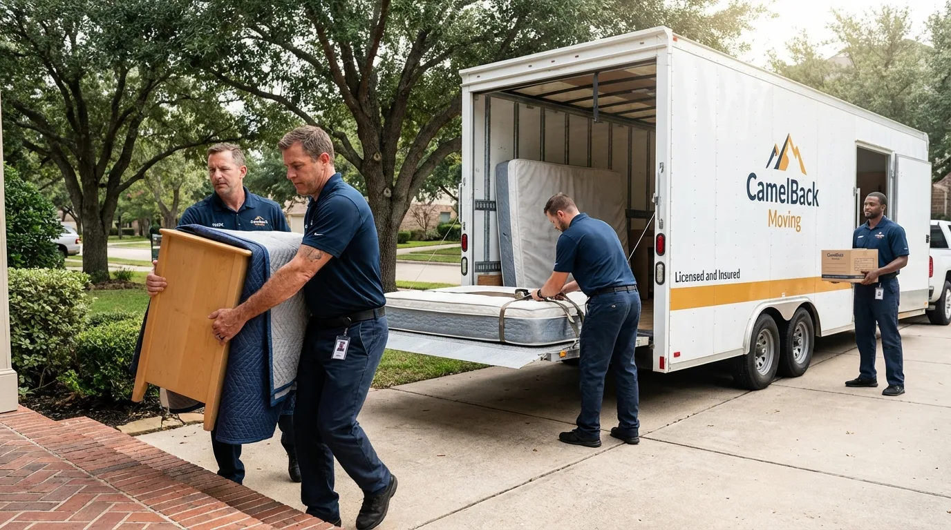 Crew loading residential truck for cross-state move from Robbinsville, NC