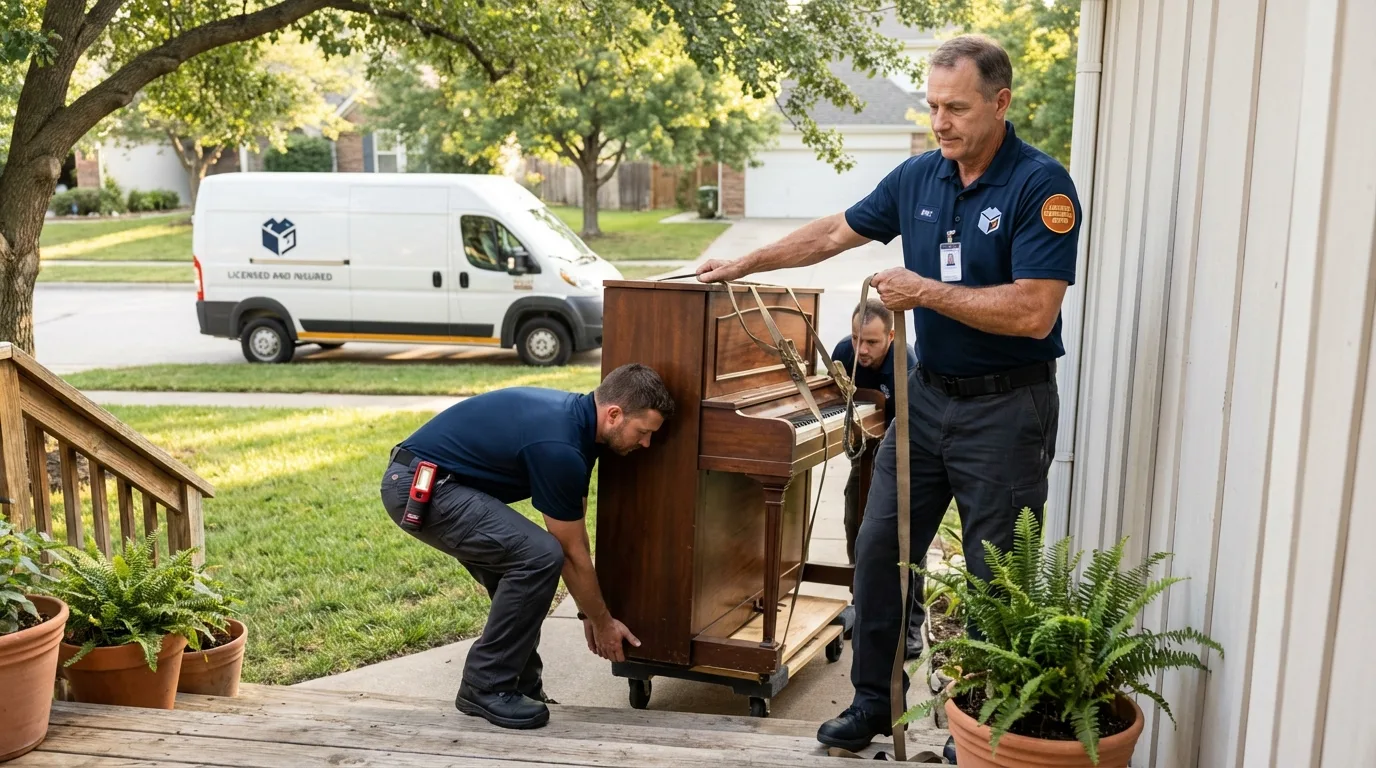 Licensed piano movers securing grand piano in Robbinsville, NC