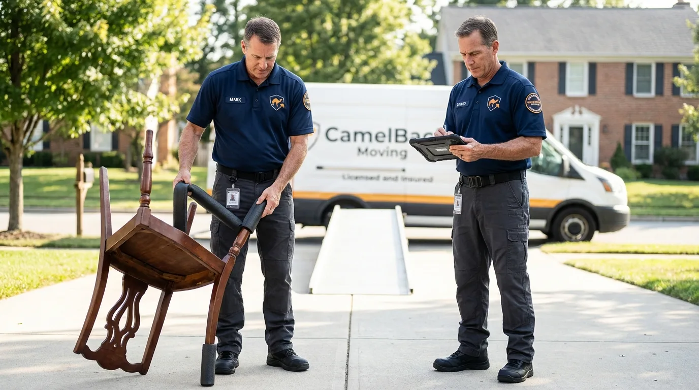 Movers inspecting furniture for damage prevention before loading in Robbinsville, NC