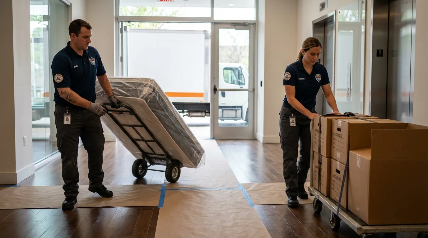 Professional apartment movers loading elevator in Robbinsville, NC