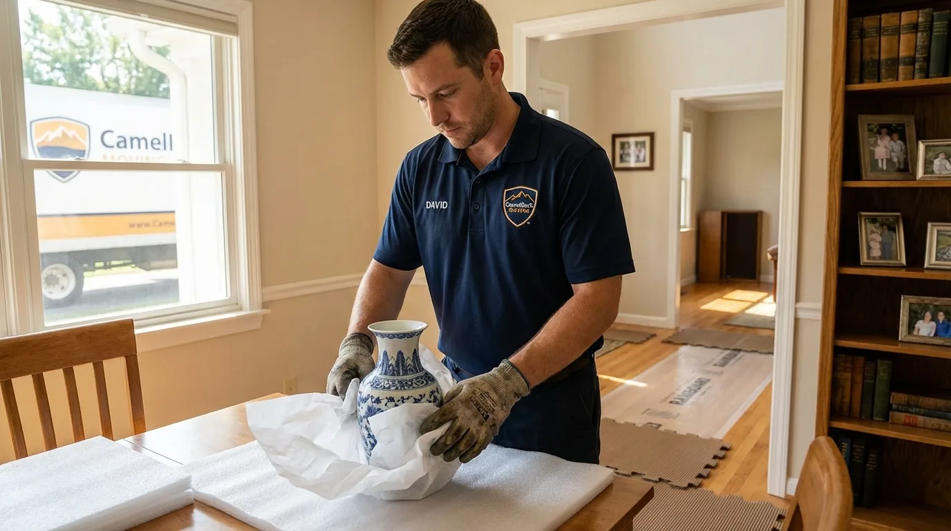 Professional crew carefully wrapping antique vase for senior downsizing move in Robbinsville, NC